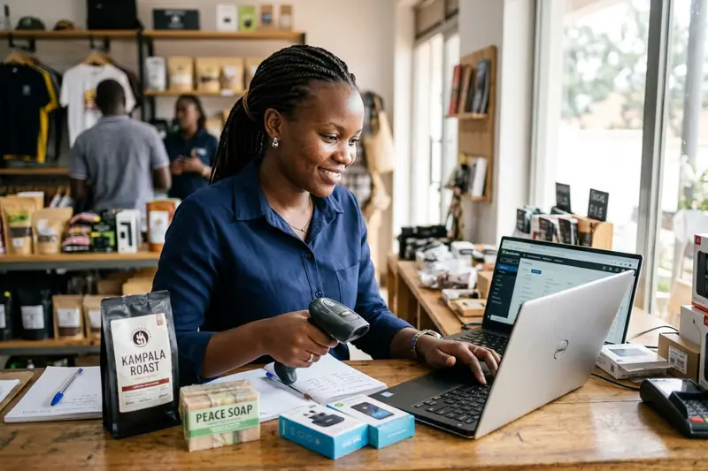 A relaxed shop manager at a tidy counter with a laptop and a barcode scanner