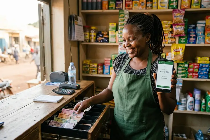 A shopkeeper smiling at her counter in the morning, opening the till drawer and showing she has clocked in on her phone