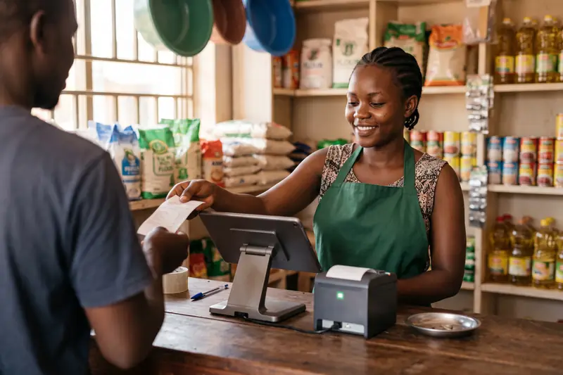 A cashier in a green apron handing a printed receipt to a customer across the counter