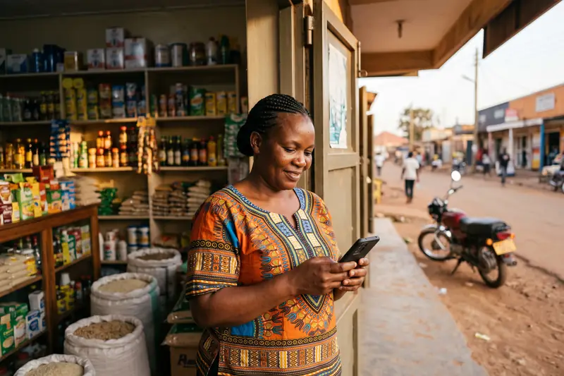 The owner at her shop door in the evening, checking the day on her phone