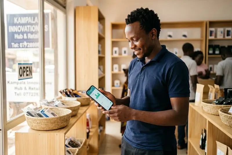 A shop owner smiling at his phone in his shop as he sets up his business